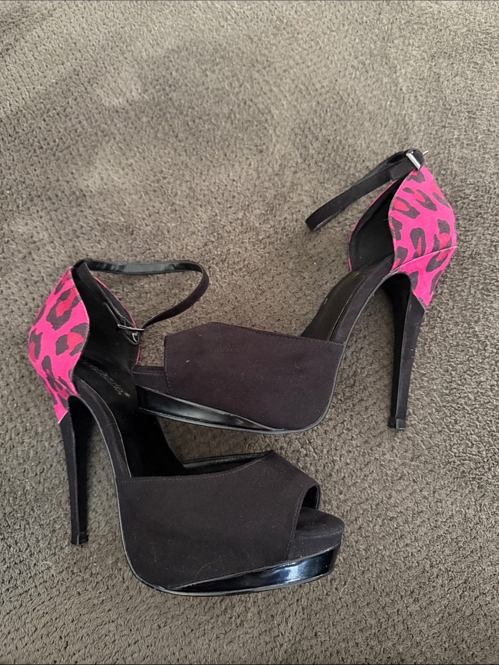 Black Suede Platform Heels with Pink Leopard Accent